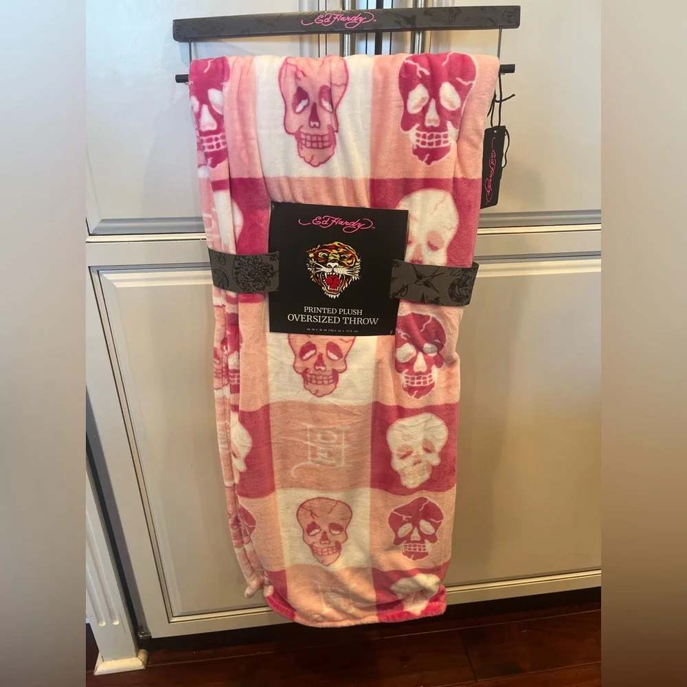Ed Hardy Pink and White Skull Throw Blanket
